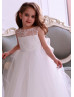 Illusion Neck Ivory Lace Tulle V Back Flower Girl Dress